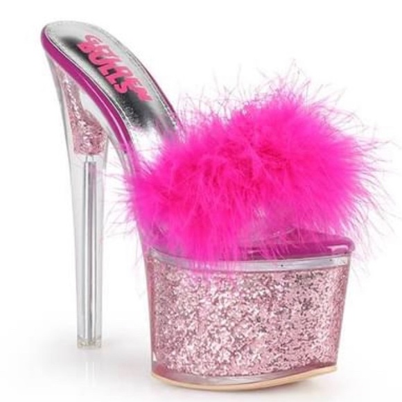 Make Offer! Golden RuPaull Black Feather Glitter Platform Stiletto Heels - Picture 2 of 5